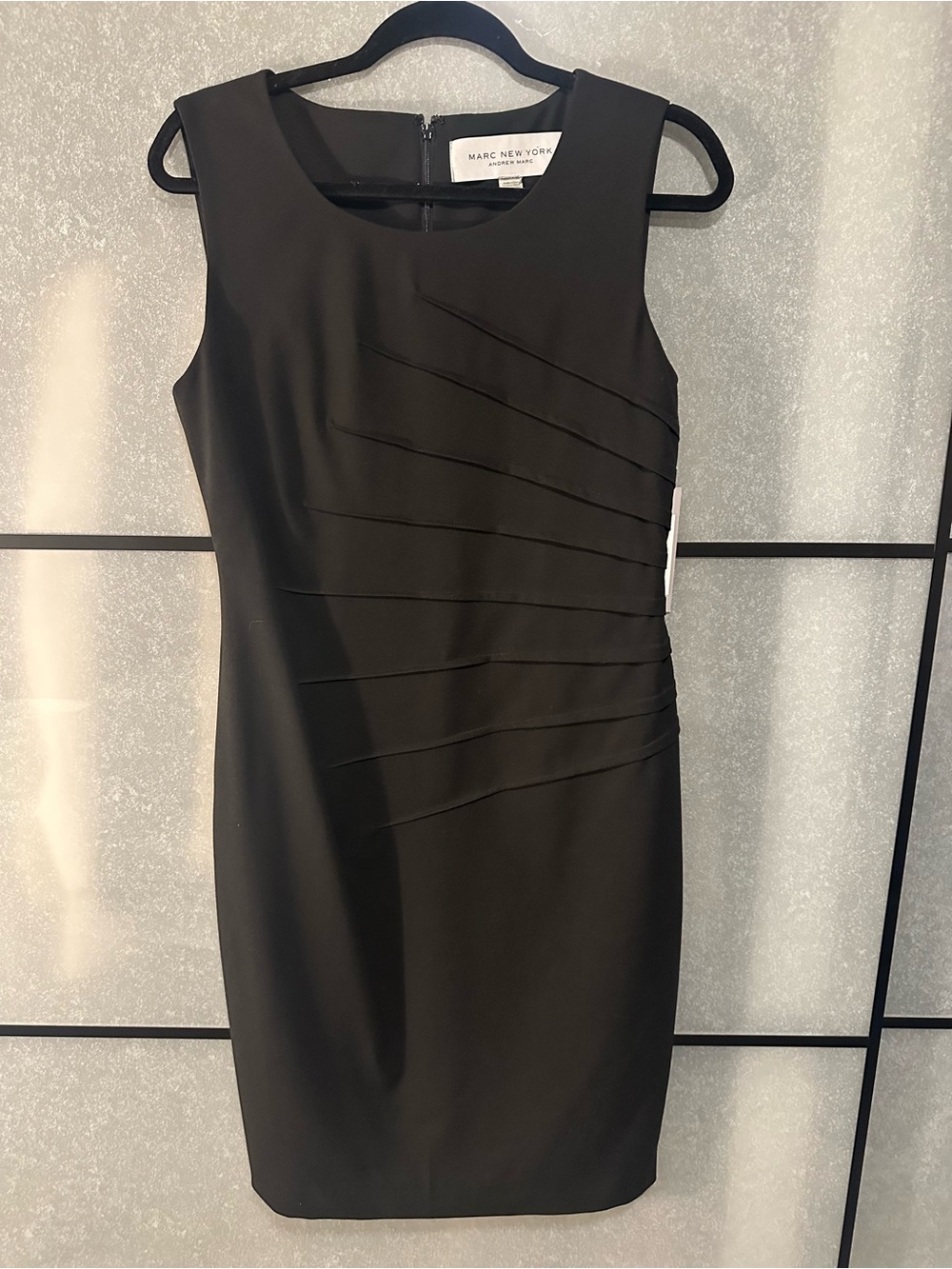 Marc New York Black Sleeveless Sheath Midi Dress with Diagonal Pleats